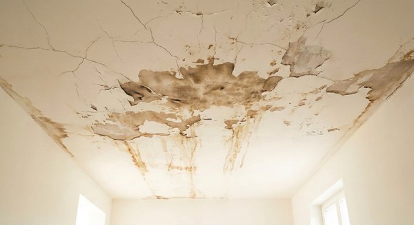 Cracked, water-stained ceiling before drywall repair