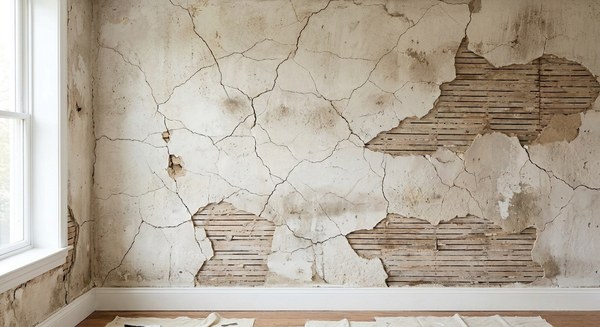 Cracked lath-and-plaster wall before repair
